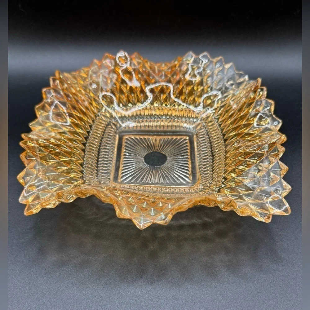 Vtg ‘60s Glass Diamond Block Ruffled Trinket Candy Nut Dish Amber Gold Ashtray